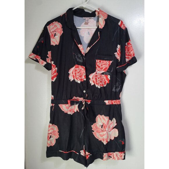 Victoria's Secret Women's SZ LG Satin Floral Romper Lounge Black - Picture 2 of 9
